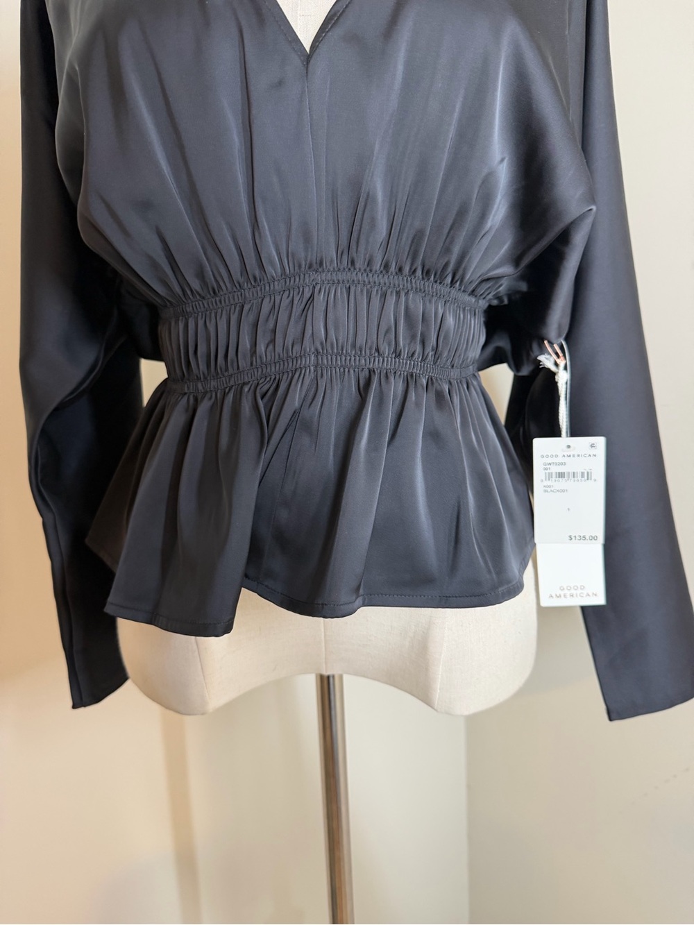 NWT! Good American Black Deep-V Neck- SZ 1=Small- Dolman Sleeve Satin Top Blouse - Picture 8 of 13